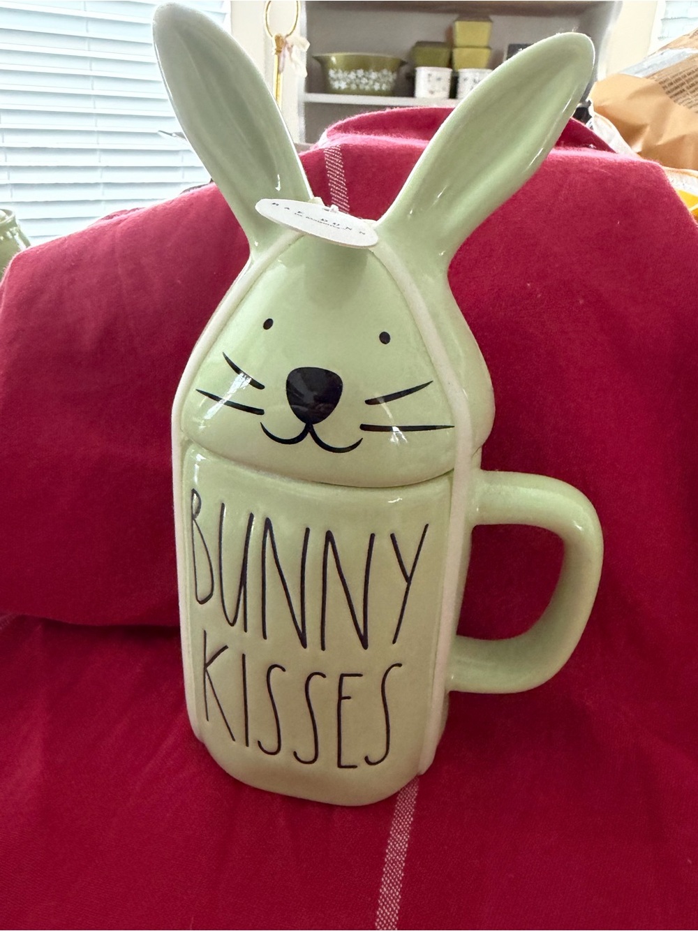 Rae Dunn Green Bunny Kisses Ceramic Mug with Lid